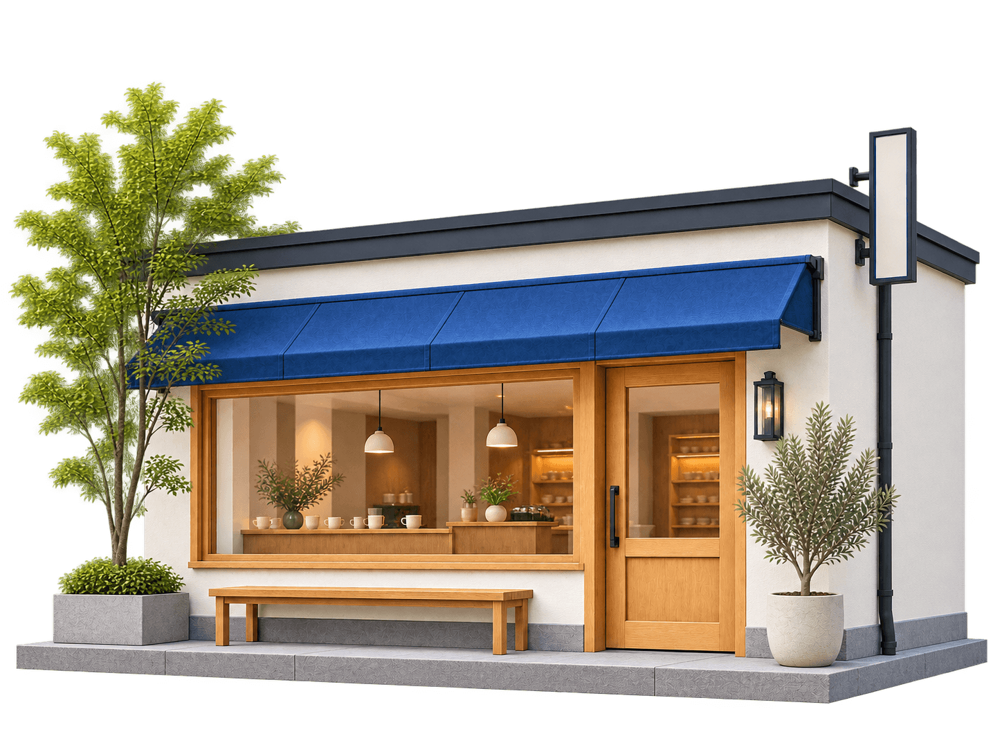 青い庇と大きなショーウィンドウのある平屋店舗の建築模型